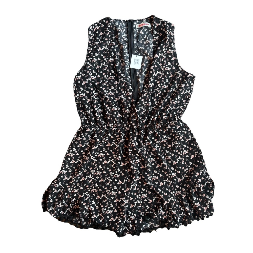 Persun Black Floral Pink Romper Shorts Faux Wrap Sleevless Elastic Waist XL New